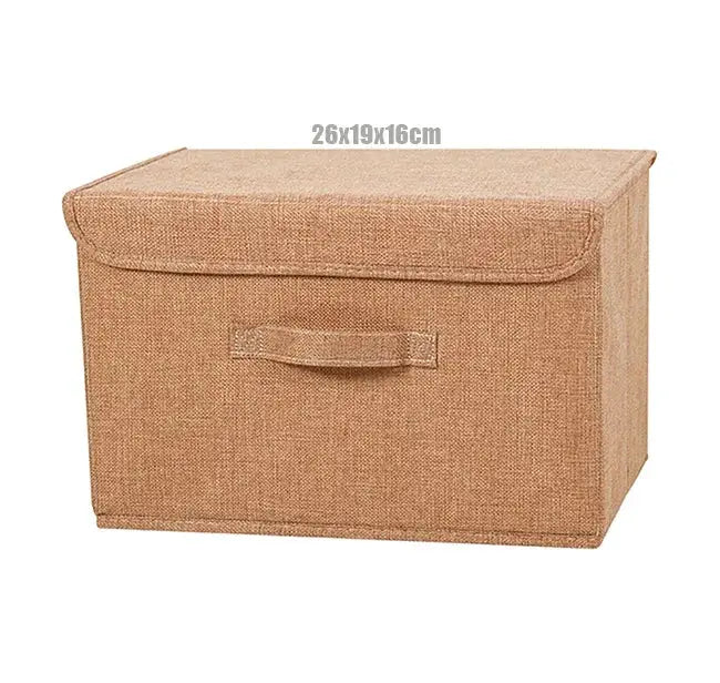 Simples Market foldable fabric storage box, beige cotton-linen with lid, 26x19x16cm, CD/toy organizer