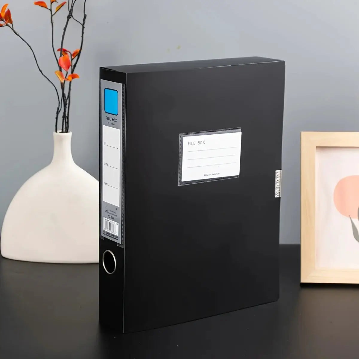 Simples Market black A4 file box with blue spine label and metal ring for large-capacity PP document storage