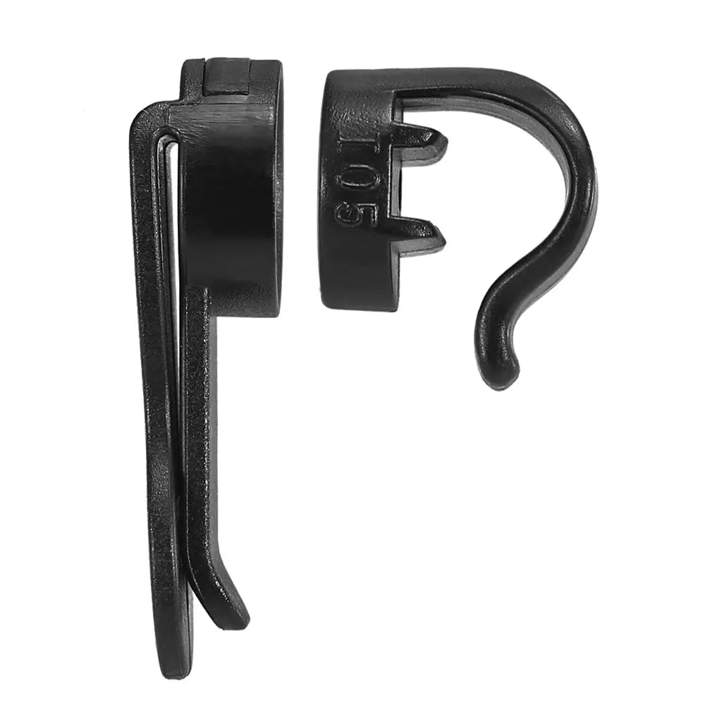 Black plastic water bladder tube clip with magnetic hose holder for hydration packs