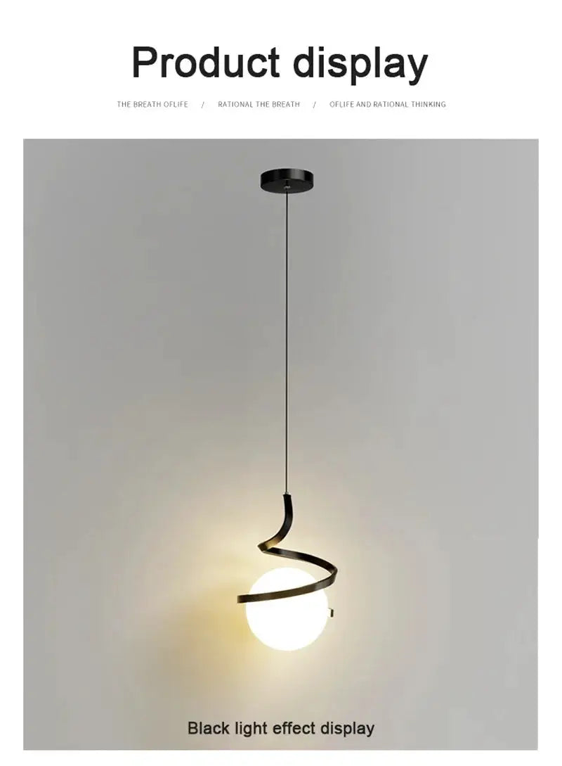 Nordic LED pendant light with black spiral metal wrap around a white globe hanging from a cord