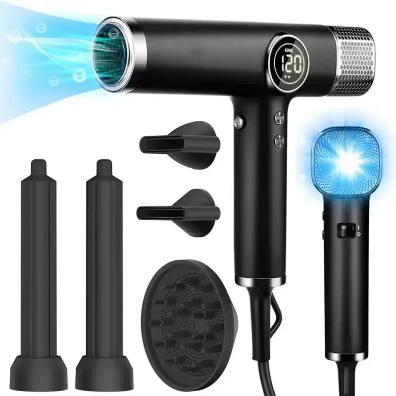 Simples Market black high-speed brushless hair dryer with 110000 RPM; includes 2 concentrator nozzles and a diffuser