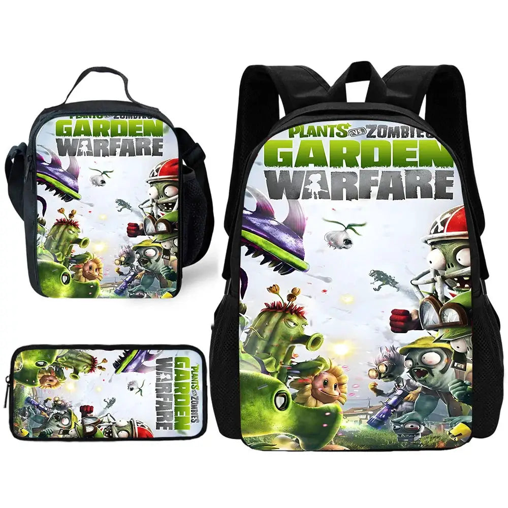 Backpack set for kids with black trim, lunch bag and pencil case; Plants vs Zombies Garden Warfare graphic by Simples Market.