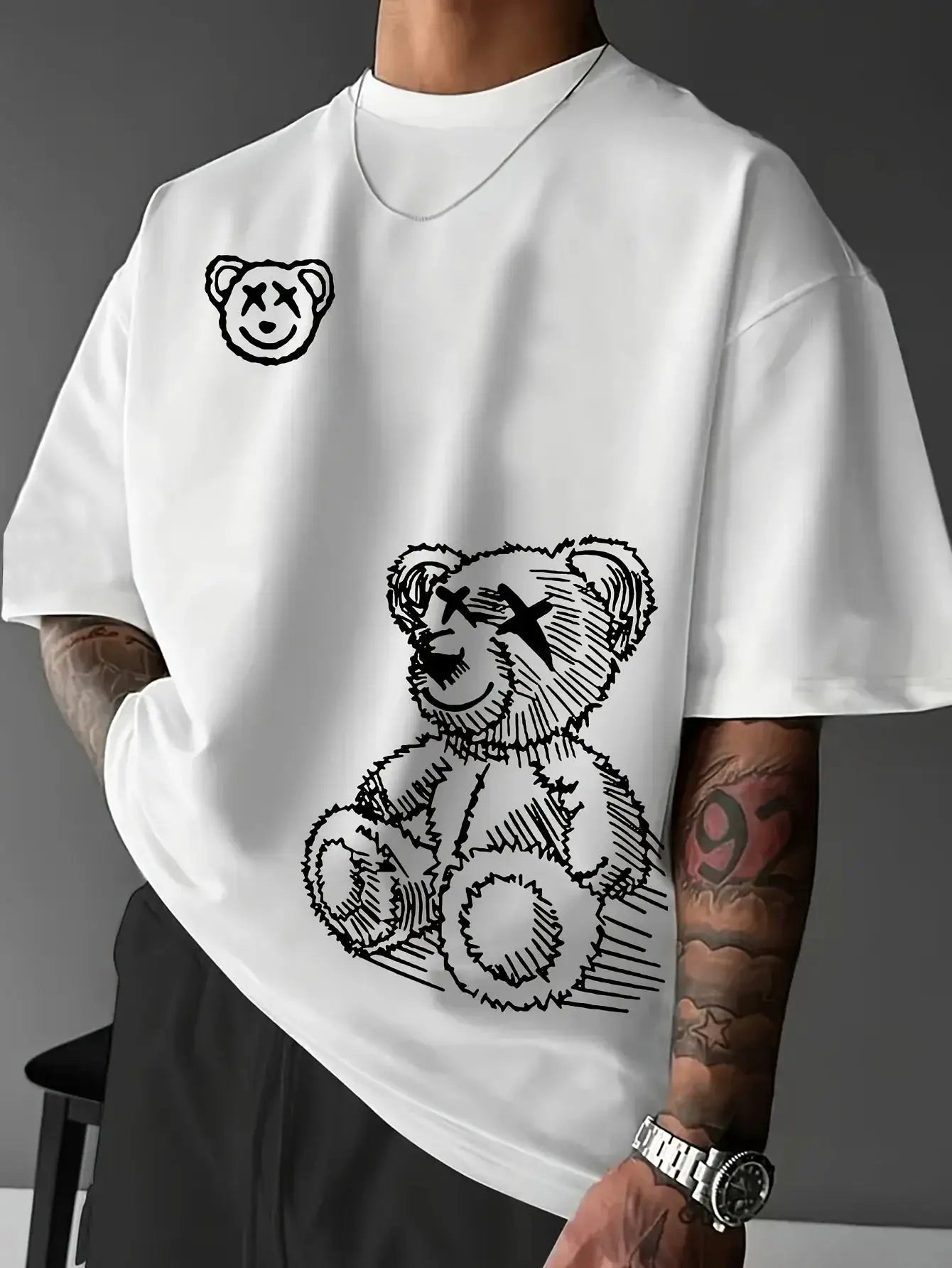 Summer Men's 100 Percent Pure Cotton Casual T Shirt With Cartoon Bear Pattern Round Neck Short Sleeve