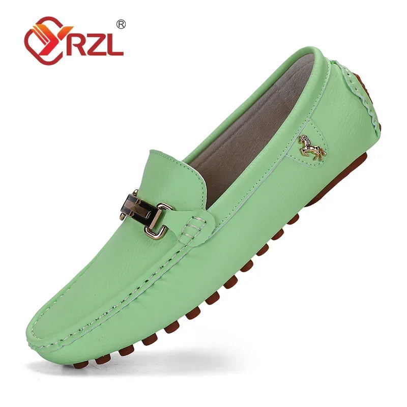 YRZL men's green PU leather loafers slip-on with gold buckle detail