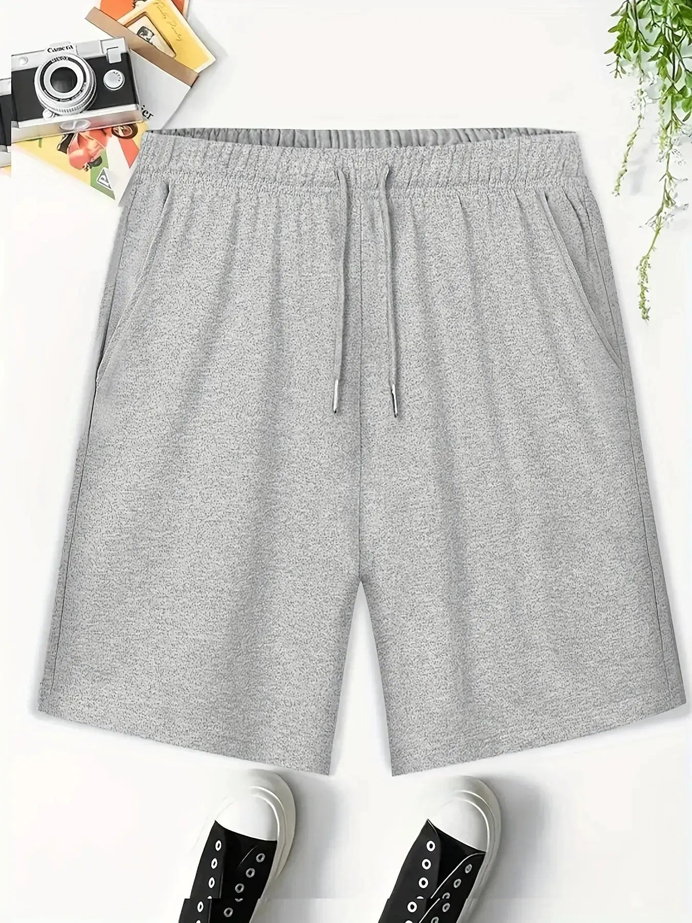 Men's plus-size grey heather sports shorts with elastic drawstring waistband