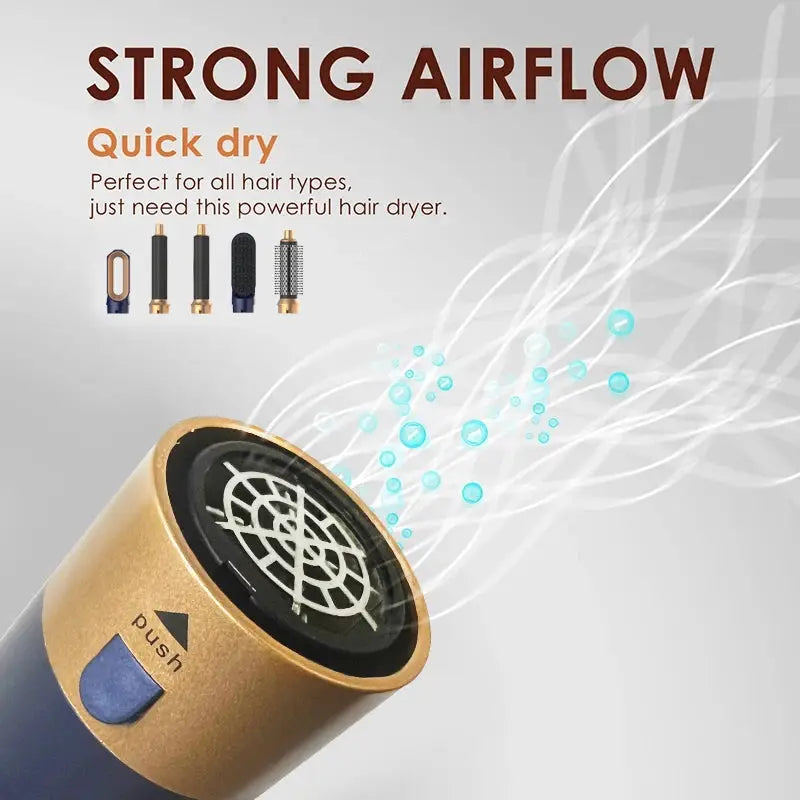 5-in-1 hair dryer set by Simples Market, gold and blue ionic dryer with attachments