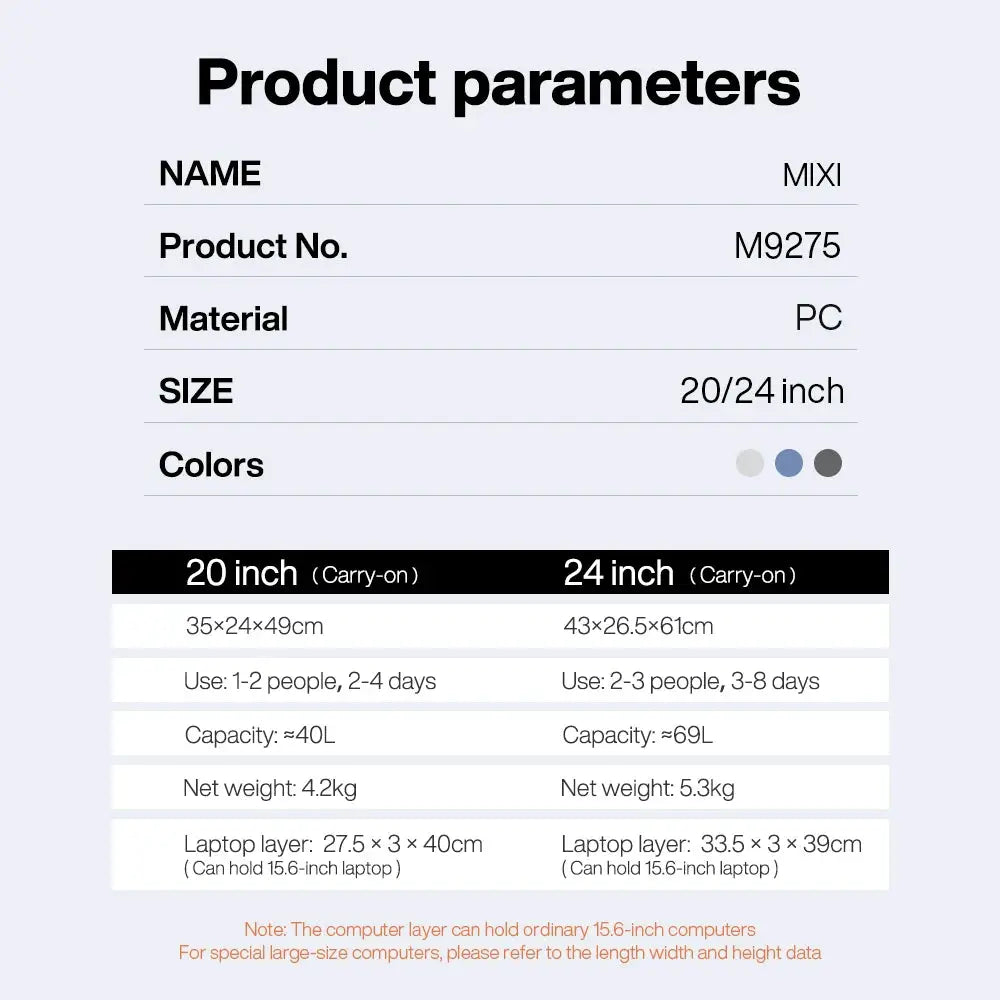 Mixi suitcase 20/24 inch carry-on luggage with PC aluminum frame; two sizes; color swatches; Simples Market.