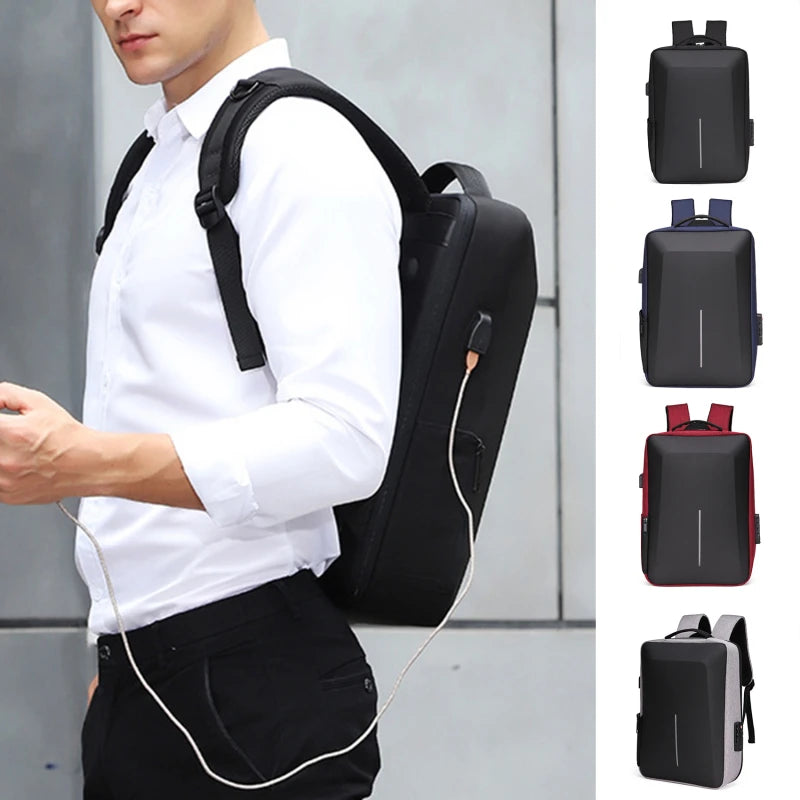 Men's black hard-shell anti-theft backpack with USB charging; Simples Market, 5 color options shown