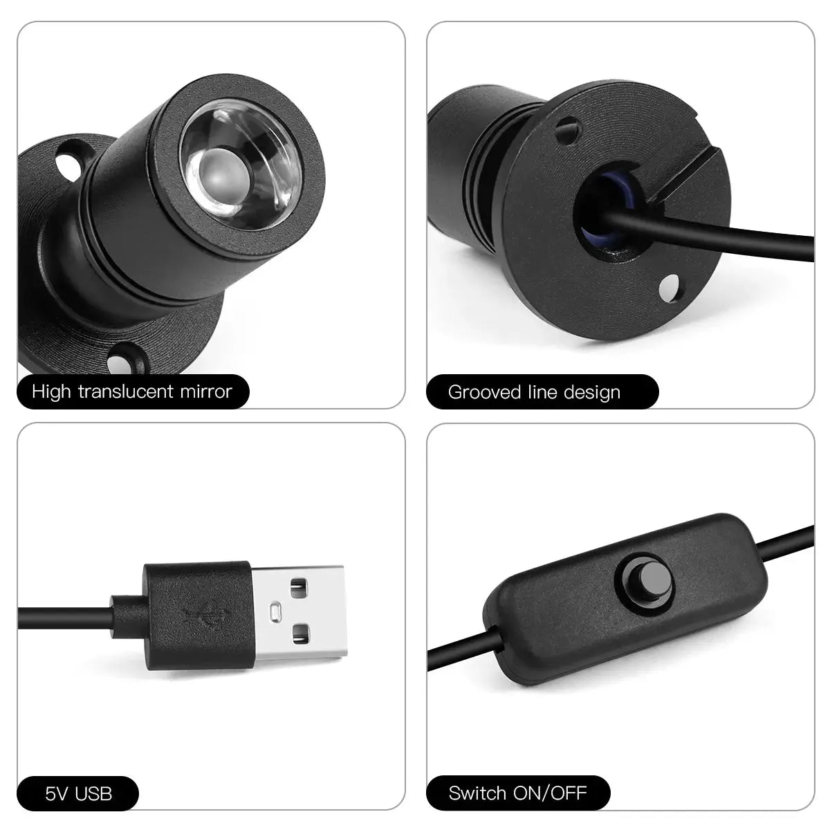 Simples Market black surface-mounted mini USB LED spotlight, rotatable ceiling lamp for jewelry displays.