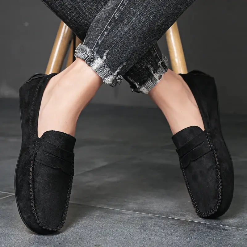 Men's black suede loafers by Simples Market, slip-on driving shoes