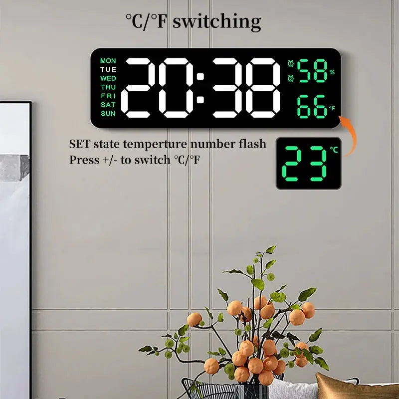 9-inch digital wall clock with green LED digits, USB powered, shows time, temperature, humidity and weekly day indicators