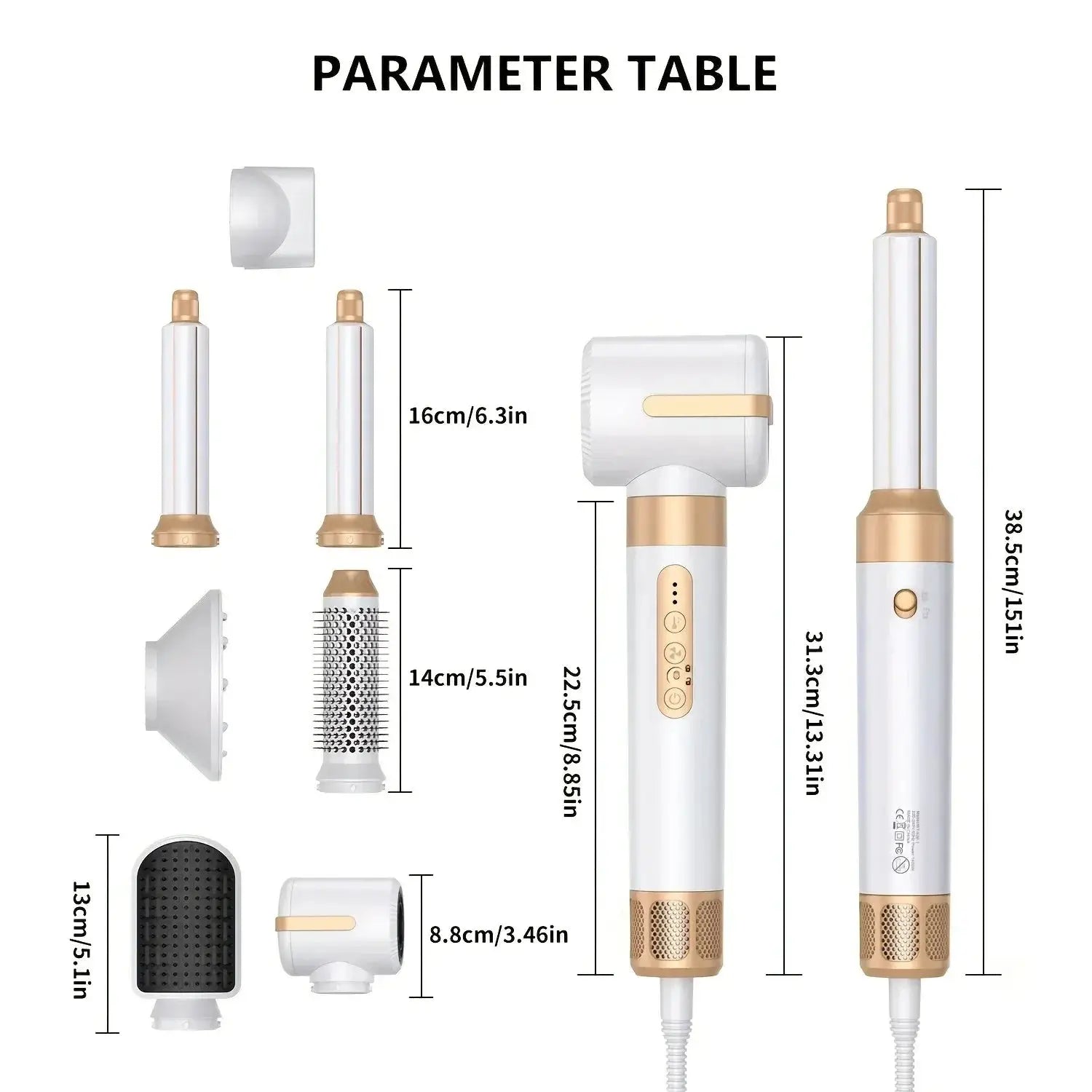 7-in-1 brushless hair dryer brush by Simples Market with diffuser and curling attachments, white with gold accents