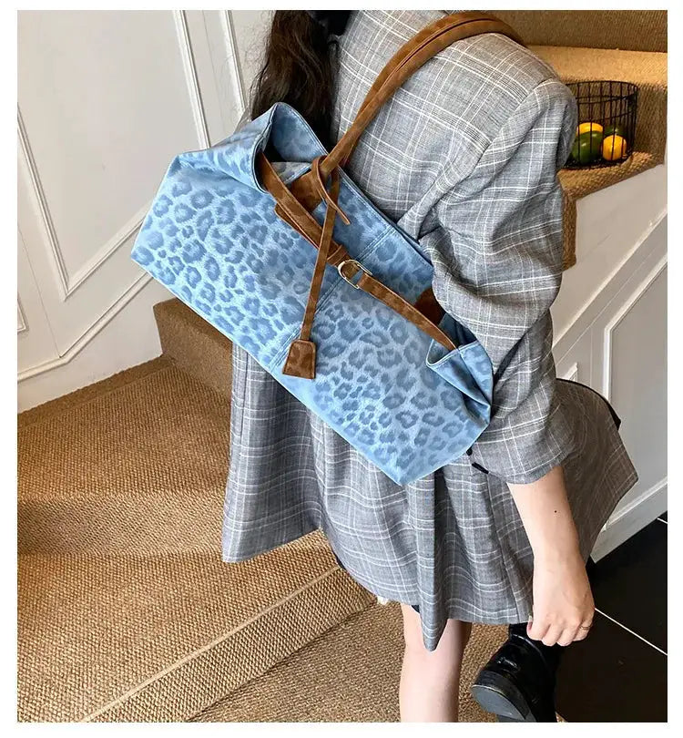 Leopard blue PU leather shoulder bag for women with tan straps
