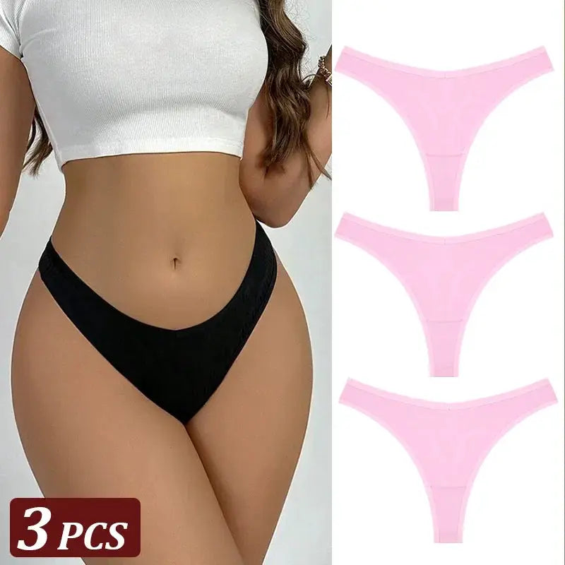 3-piece pink seamless thong set by Simples Market; cotton low-rise T-back underwear, model wearing a black thong