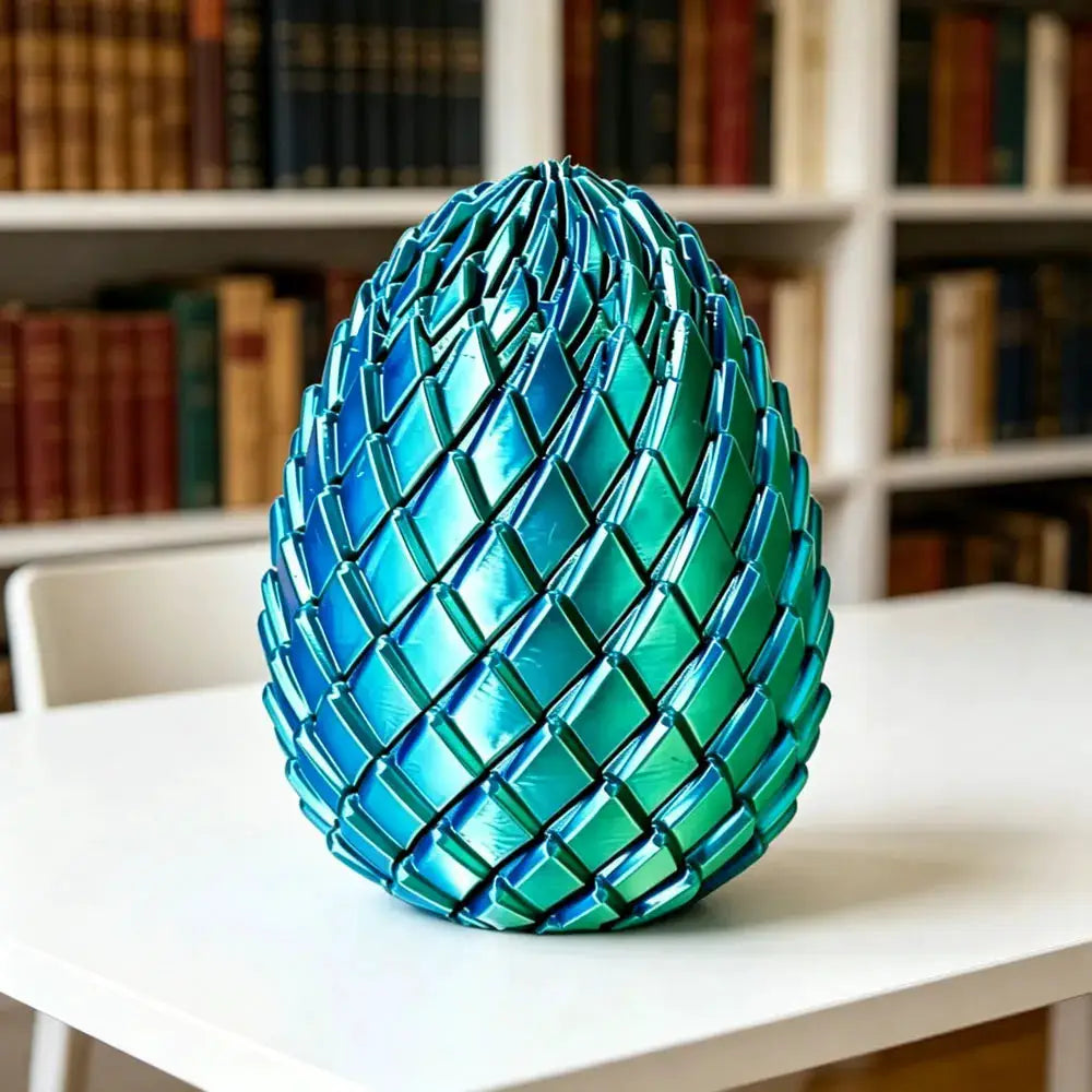 3D-printed dragon egg stress-relief model with deformable twist panels in teal-blue.