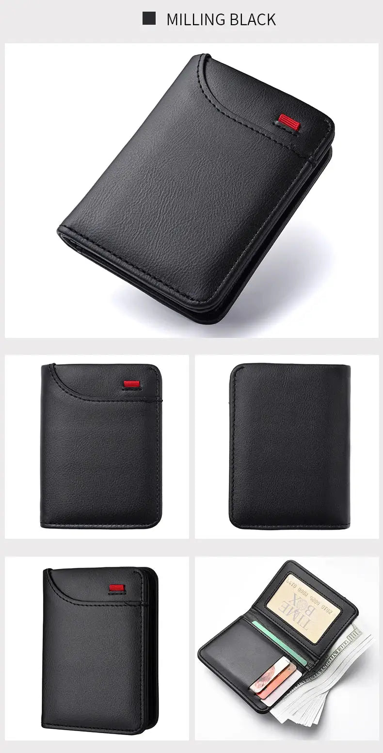 Simples Market men's black leather vertical card wallet with multiple slots and red accent tab