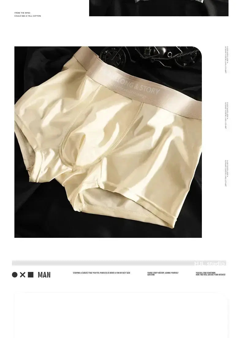 Beige satin-like men's boxer shorts with breathable mesh crotch and elastic waistband Simples Market