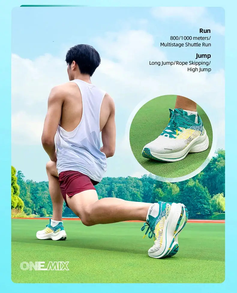 ONEMIX Marathon carbon plate running shoes by Simples Market; ultra-light men's sneakers with rebound tech, white/teal.
