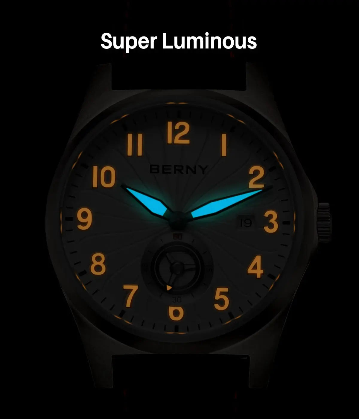 BERNY full titanium automatic men's wristwatch with luminous blue hands and orange numerals; date window at 3.