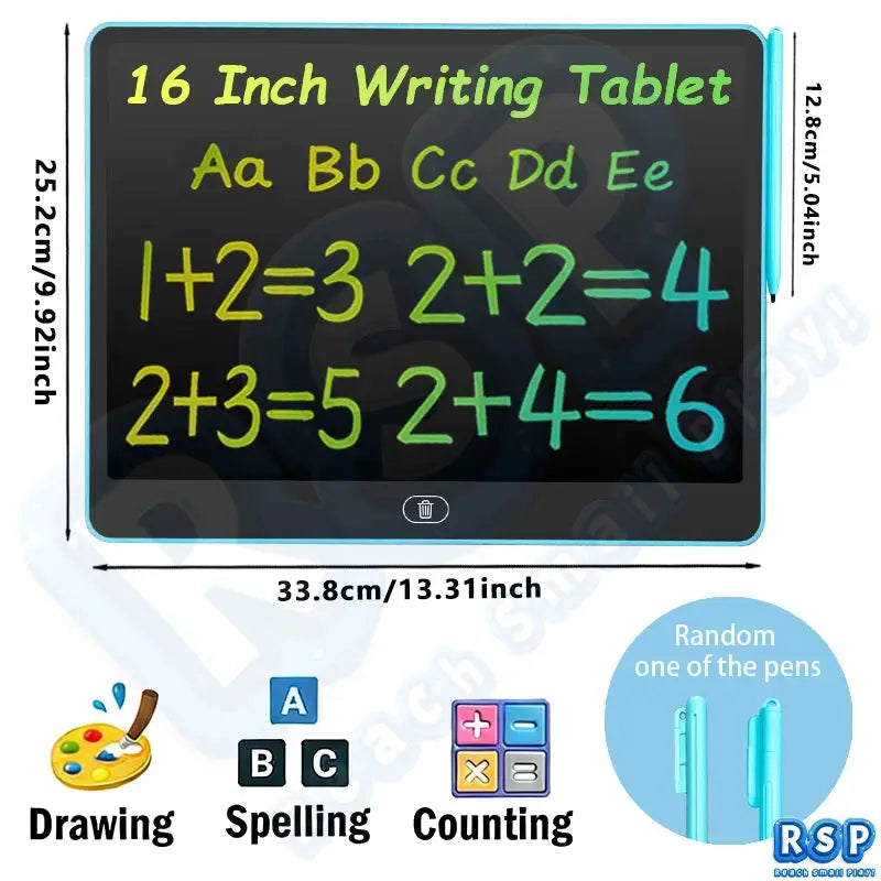 Simples Market LCD drawing tablet for kids; blue frame with 2 turquoise pens included, doodle and counting board