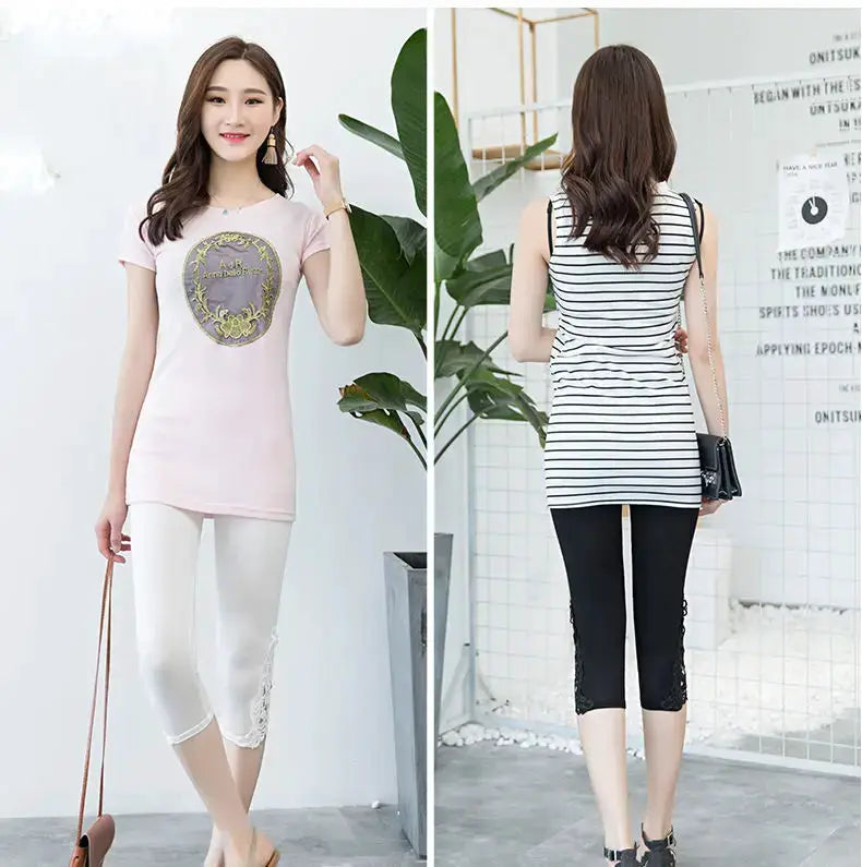 Simples Market Women Summer Hollow Lace Stretch Leggings set shown in two looks: pink tee with white lace-capri and striped top with black lace-hem capris