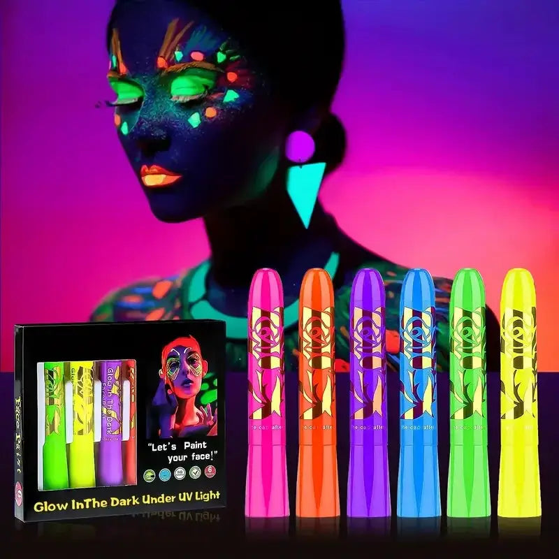 Six Piece UV Neon Face Painting Kit Glow Under UV Black Light Washable