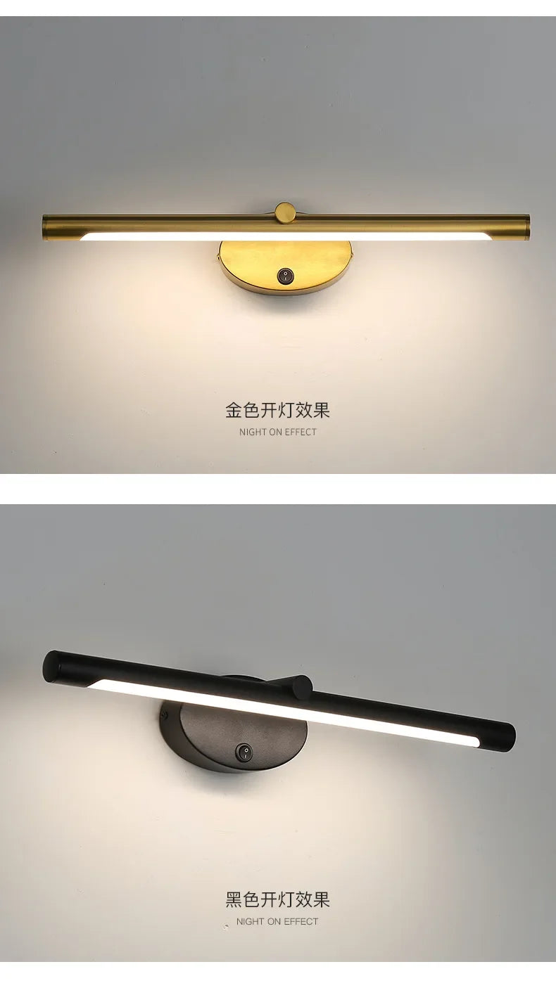 Modern LED indoor wall lamp with touch switch; two finishes shown, gold/brass and black.