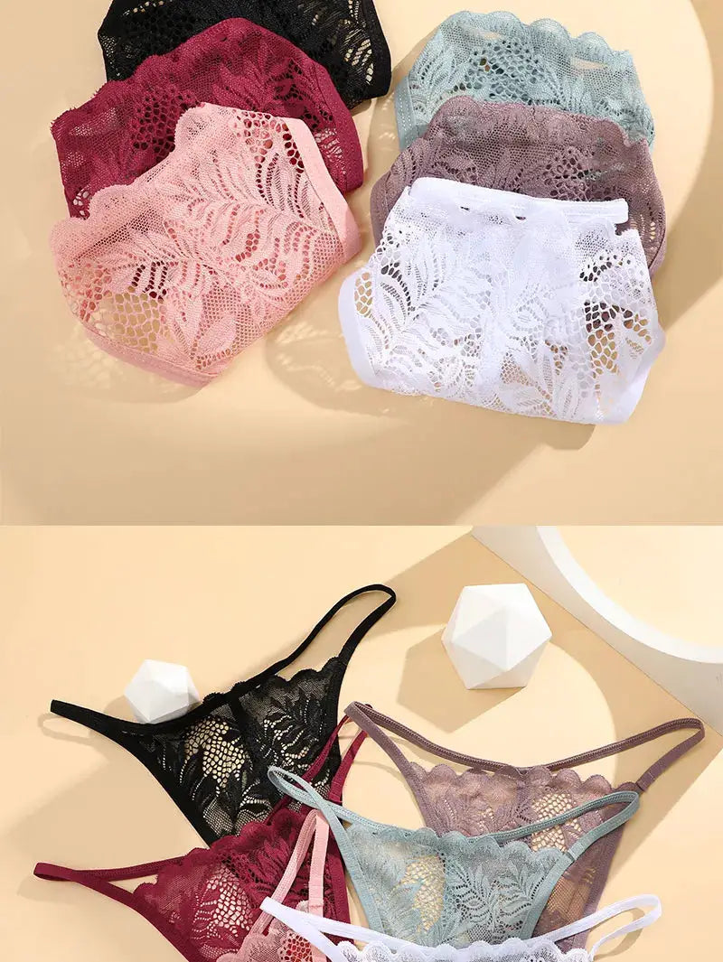 6-piece lace thong set for women by Simples Market; low-rise, soft floral lace in black, burgundy, pink, blue, white