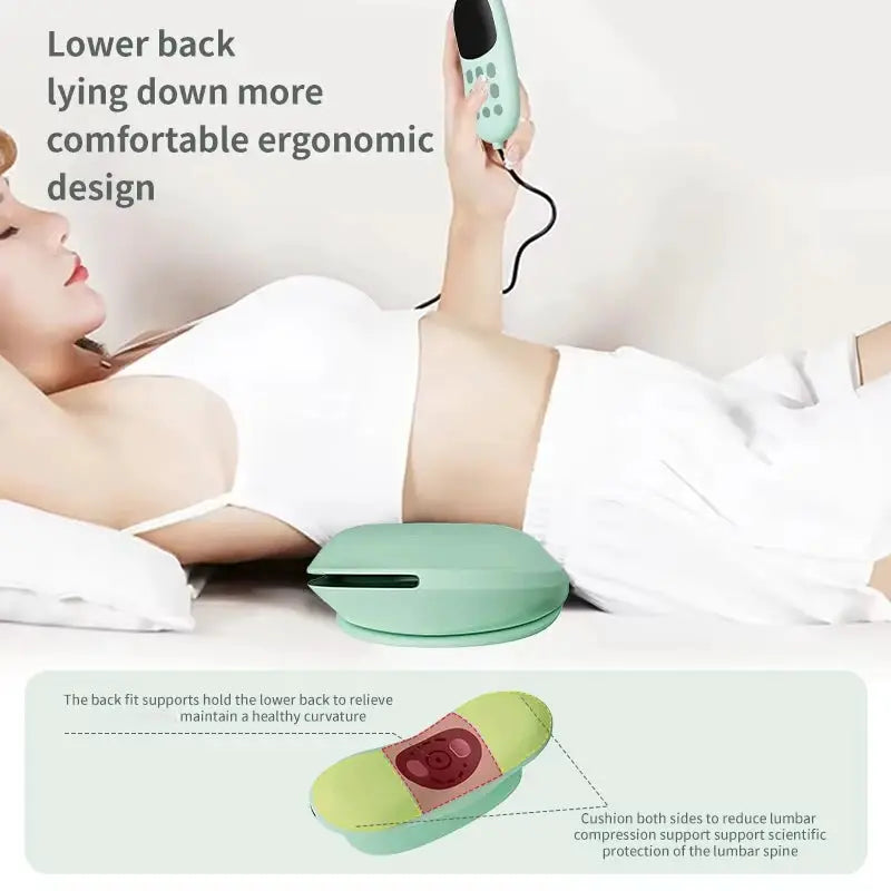 Waist massage device in mint green with remote control and low-frequency vibration