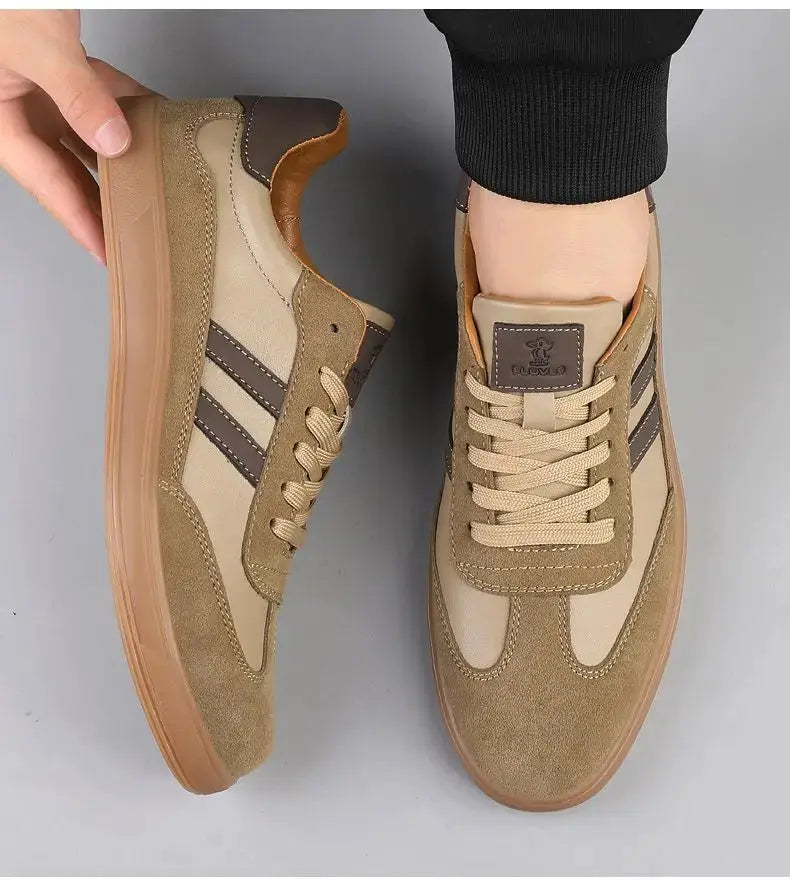 Simples Market men's leather sneakers, tan beige with brown suede overlays, non-slip sole