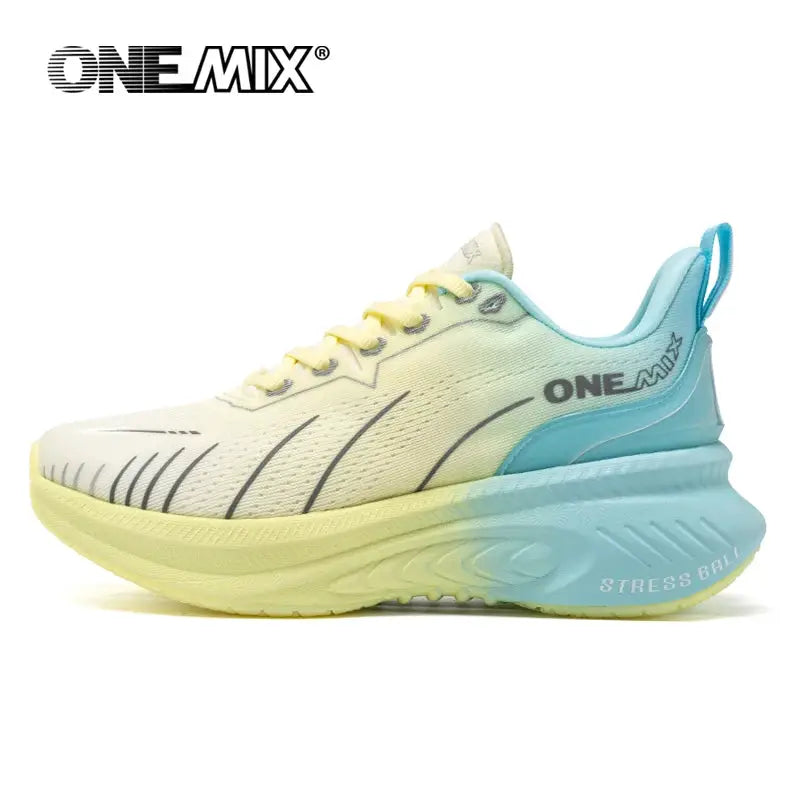 ONEMIX road running shoe for men with white upper and yellow-blue gradient sole and air cushion
