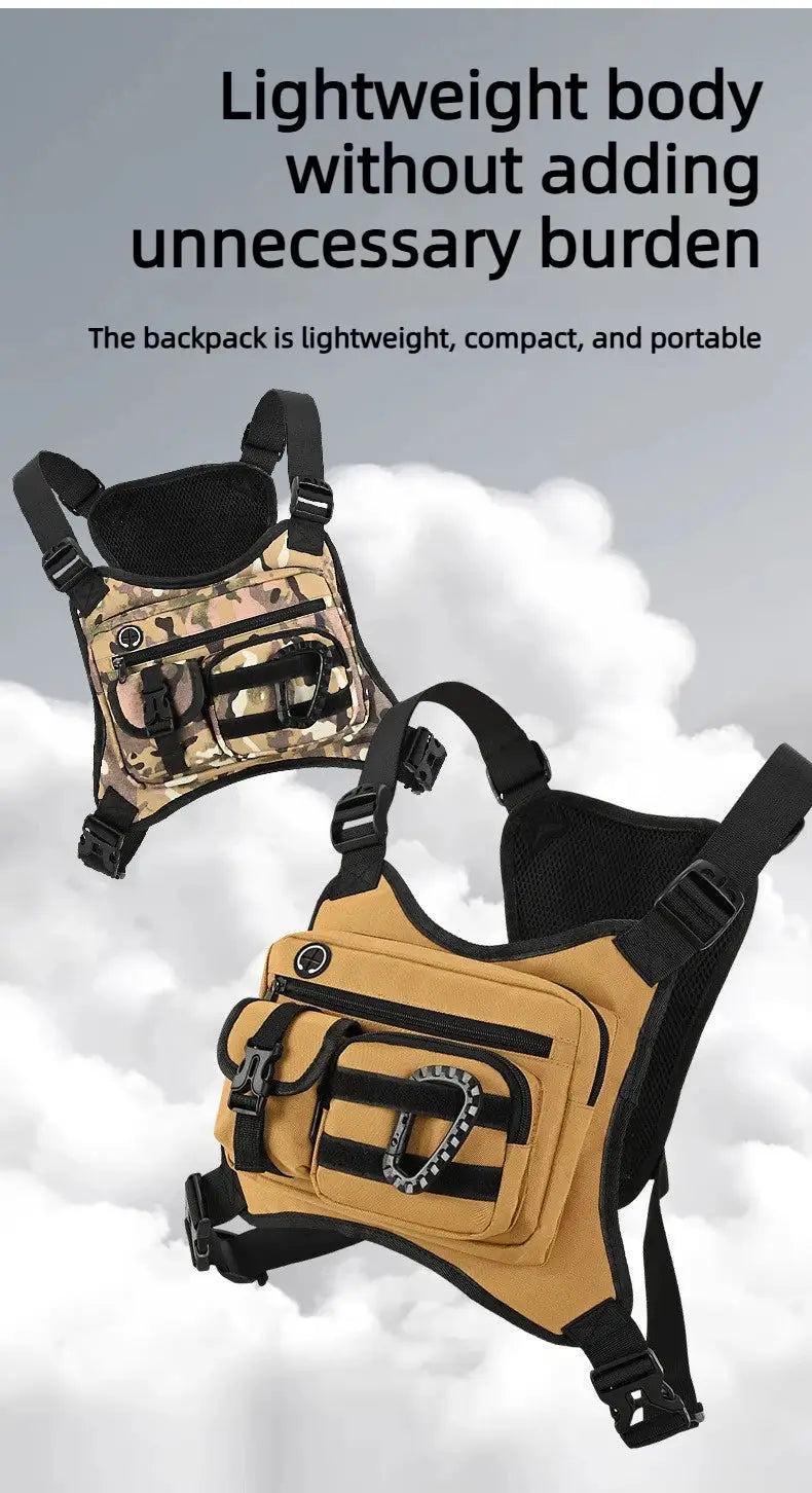 Simples Market Outdoor Tactical Chest Bag duo: camouflage and tan chest packs with adjustable straps and front pockets