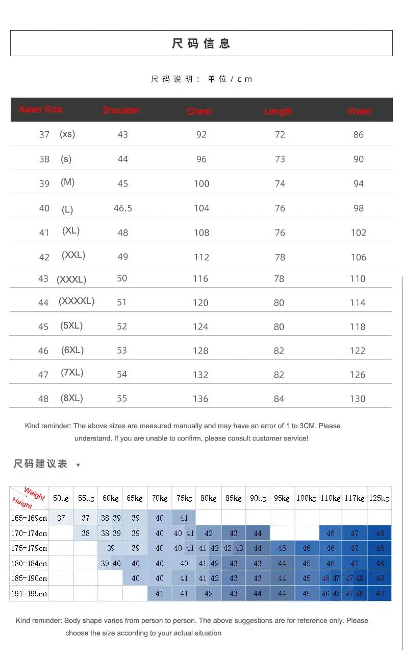 Simples Market men's slim-fit solid-color French-cuff dress shirt size chart with Asian sizes 37–48