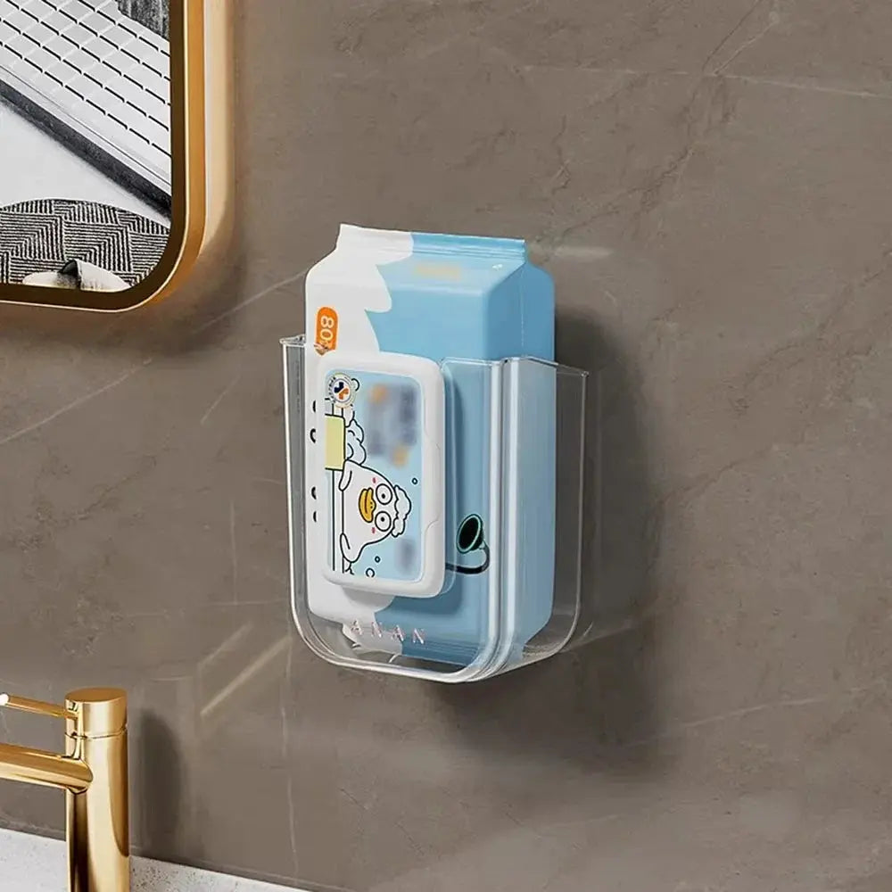 Simples Market tissue box storage, wall-mounted clear case with large opening and blue tissue pack.