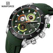 Naviforce men's sport watch with green dial, chronograph, and green rubber strap