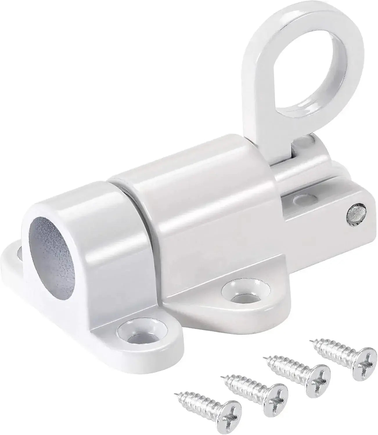 Automatic aluminum spring latch by Simples Market with self-closing barrel bolt and pull ring, white finish.