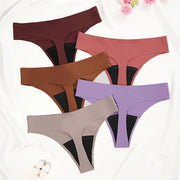 Seamless low-waist menstrual thong panties, 4-layer leak-proof design, 5-color set: burgundy, pink, brown, lavender, taupe