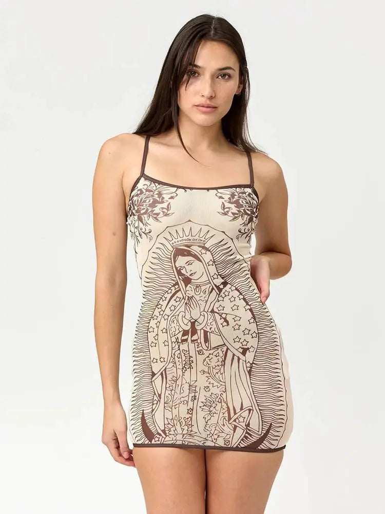 Nibber High Elasticity Art Print Sleeveless Bodycon Mini Dress Summer
