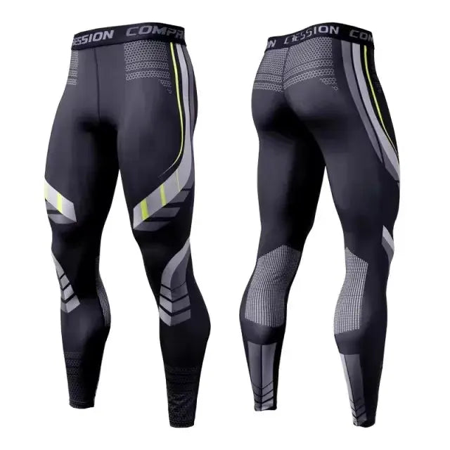 Men's compression pants in dark gray with neon yellow accents, front and back views