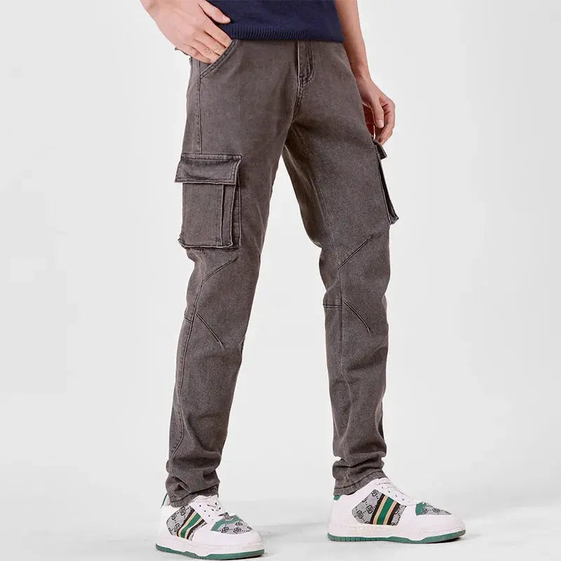 Men's cargo denim pants by Simples Market, gray washed with multiple pockets