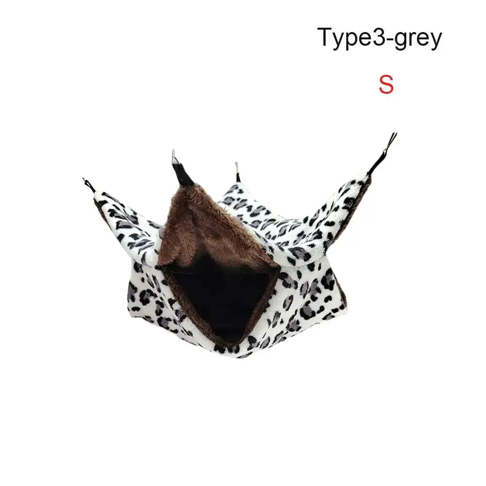 Hamster hammock nest, leopard-print exterior with brown plush interior, double-layer sleeping bag for small pets