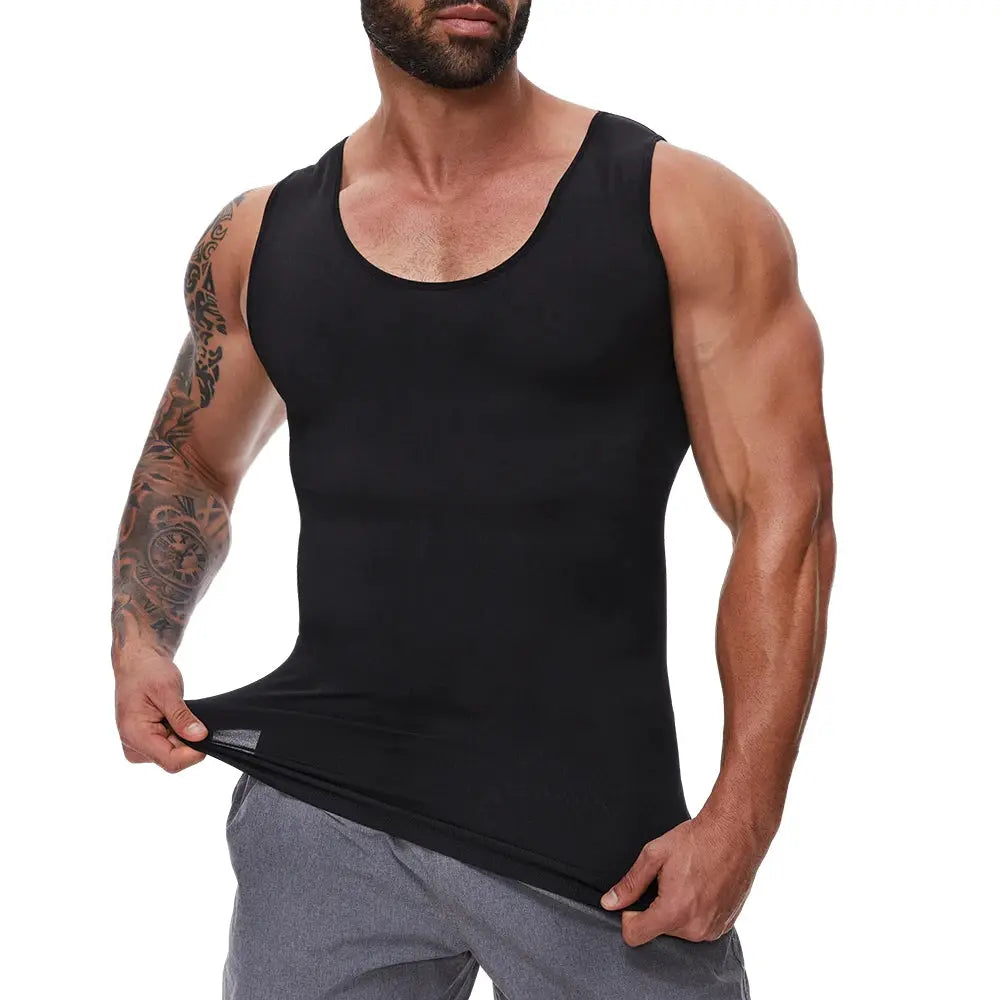 Men's black compression tank top by Simples Market; slim-fit shapewear for tummy control.