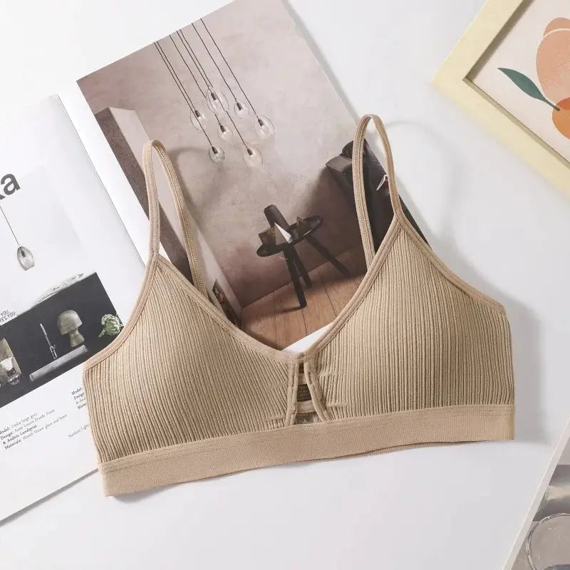 Simples Market beige ribbed wireless bralette with hollow-out center and thin straps