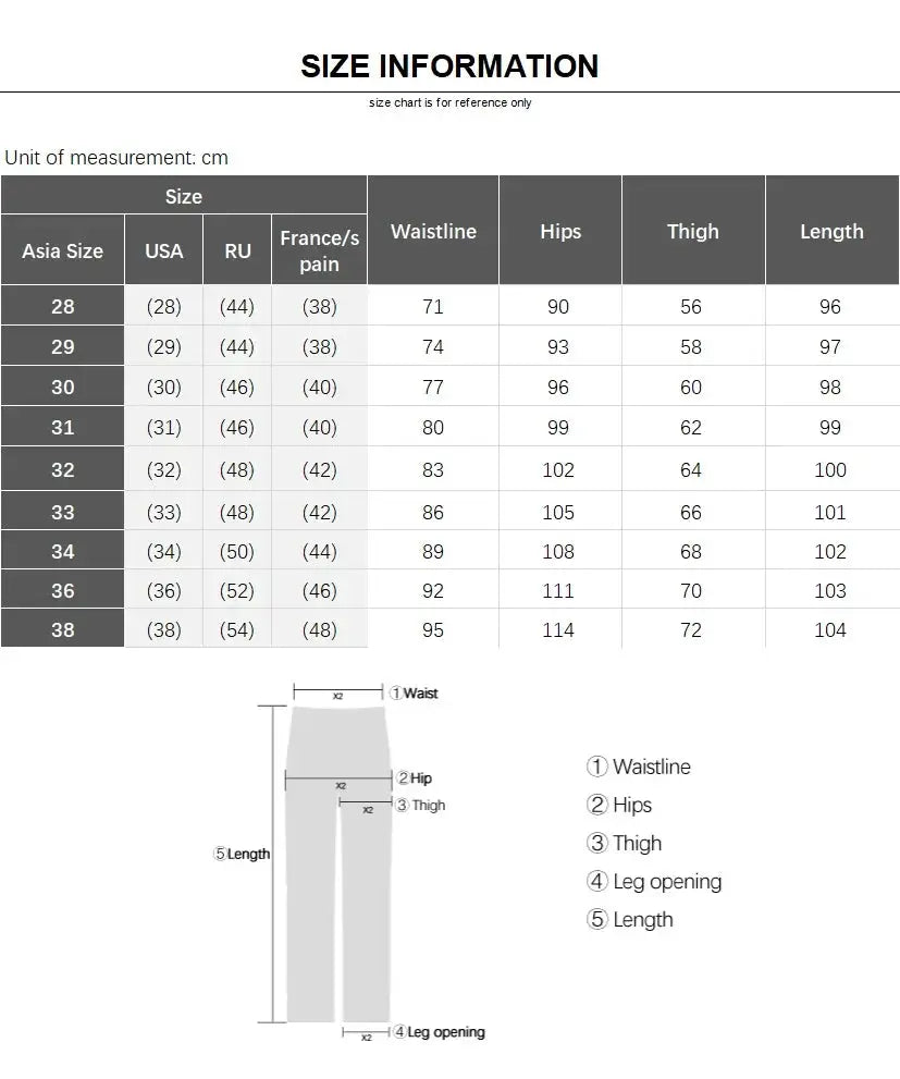 Men's straight baggy casual pants size chart with gray pant measurement diagram