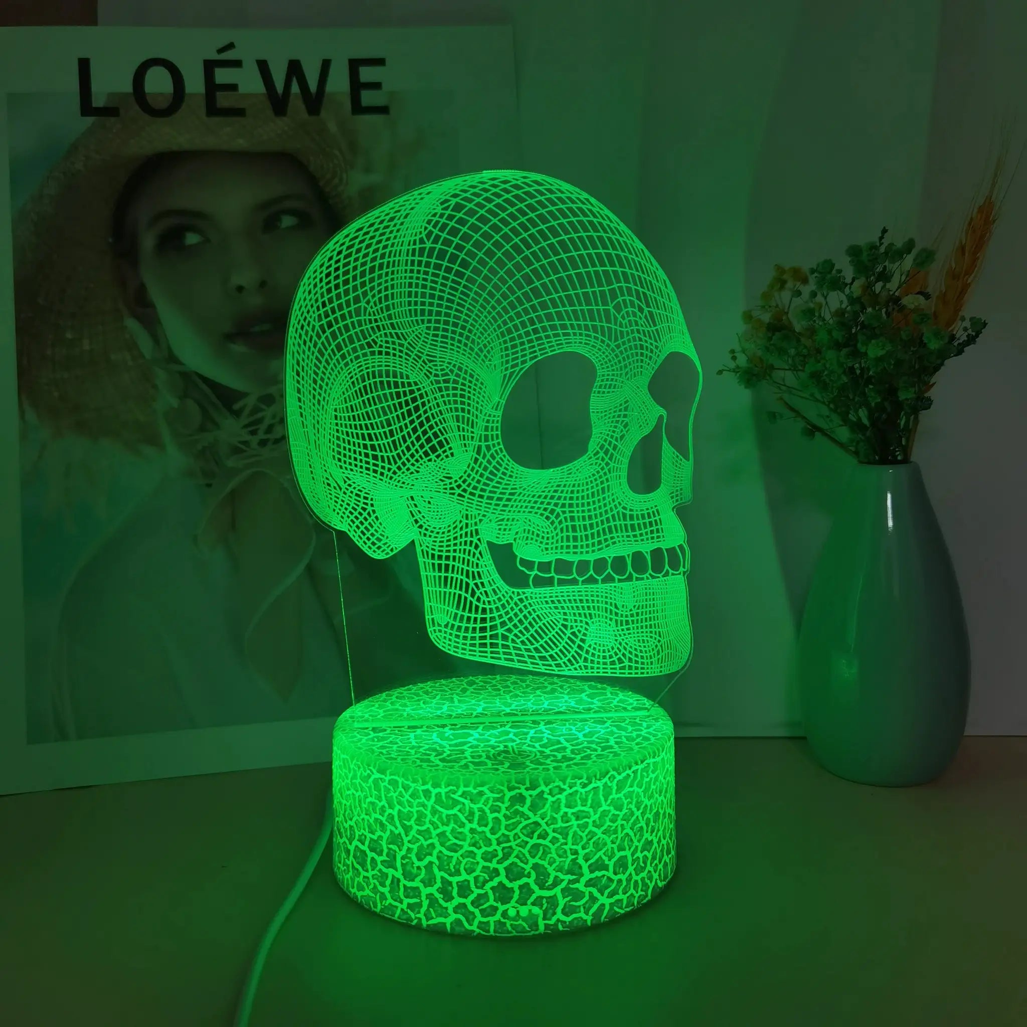 Skull-shaped USB night light with neon-green wireframe design; decorative Halloween lamp.