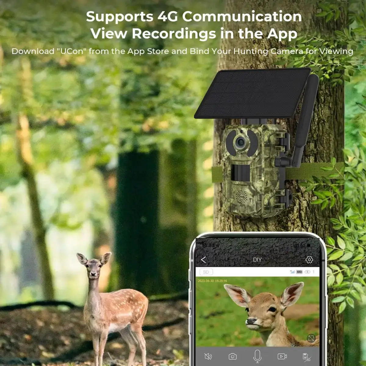 EU 4G 2K solar-powered trail camera from Simples Market with PIR motion sensor, camouflage on tree, IP65 outdoor