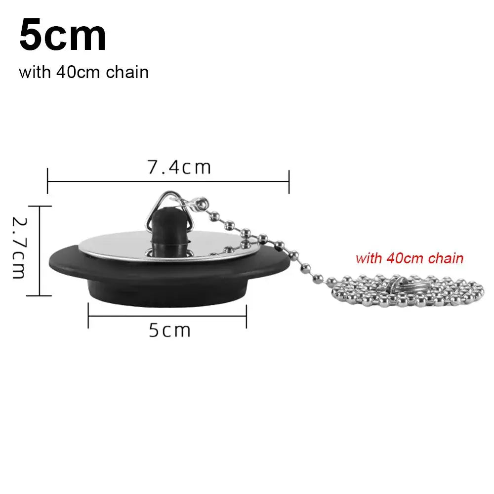 Black rubber tub stopper with metal chain and hanging ring; universal bath drain, 5 cm diameter with 40 cm chain.