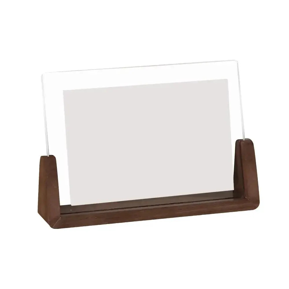 Photo frame with walnut wood base and clear acrylic U-shaped display for desktop photos, Simples Market