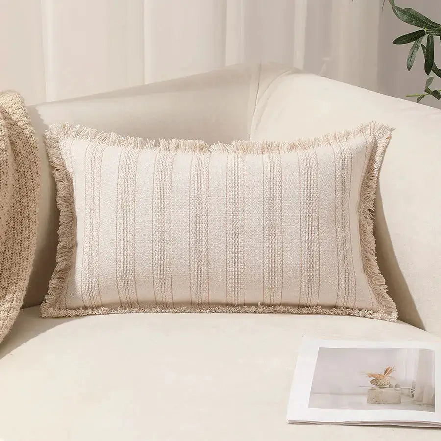 Decorative pillow cover 30x50 by Simples Market, Summer Boho beige with striped pattern and fringed edges