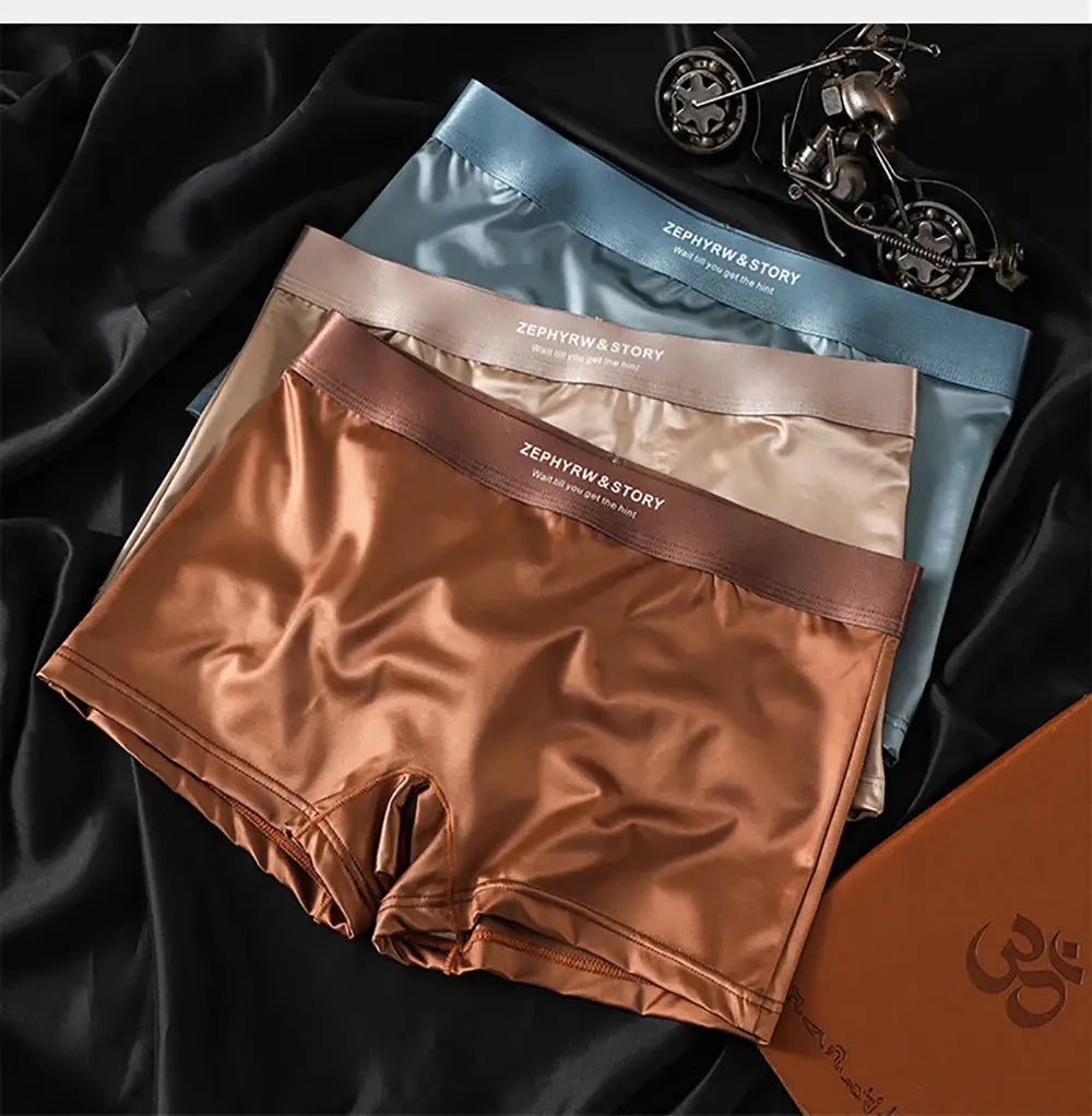 Simples Market 3-pack ice silk satin-like panties in teal, beige and bronze with breathable double-layer mesh crotch